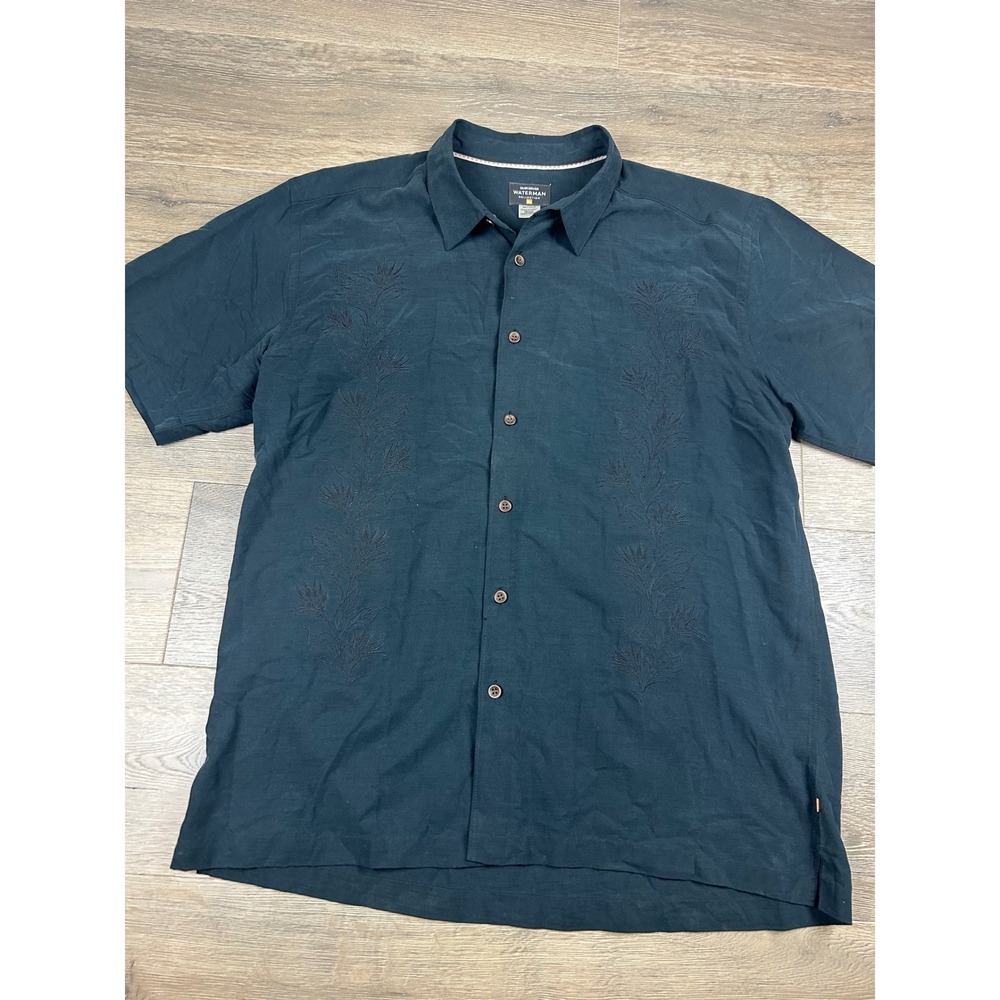 Quiksilver Waterman Collection Mens XXL Black Embroidered Short Sleeve Shirt